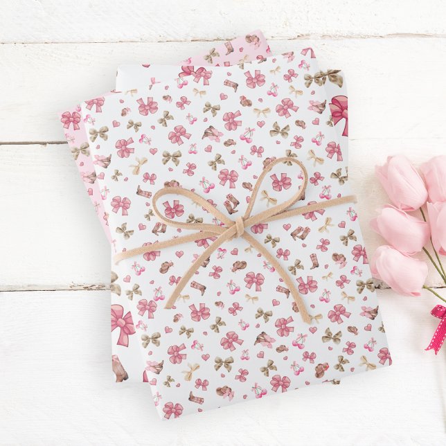 Chic Pink Western Cowgirl Boots, Hats & Bows Wrapping Paper Sheet (Creator Uploaded)