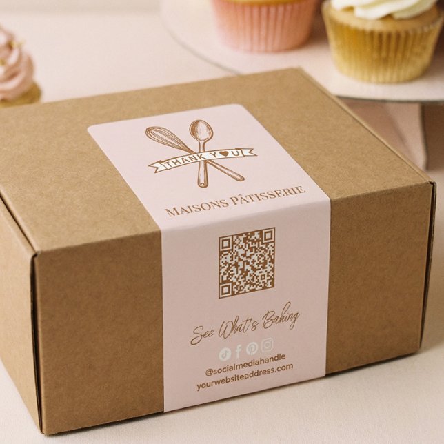 Chic Pink Whisk Spoon Thank You QR Code Bakery Box (Chic Pink Whisk Spoon Thank You QR Code Bakery Box Label)