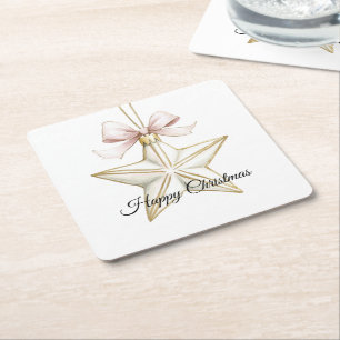 Chic Pink White Bow Star Christmas Square Paper Coaster