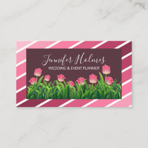 Chic Pink White Diagonal Stripes Tulip  Business Card