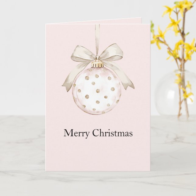 Chic Pink White Dots Bow Ornament Christmas Card (Yellow Flower)