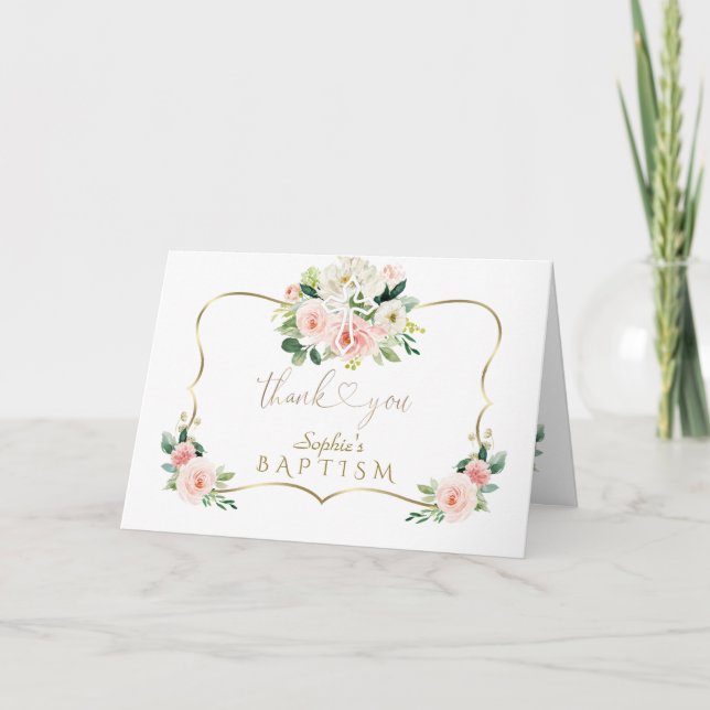 Chic Pink White Floral Gold Baptism Calligraphy Thank You Card (Front)