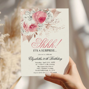 Chic Pink & White Floral Surprise Birthday Party Invitation