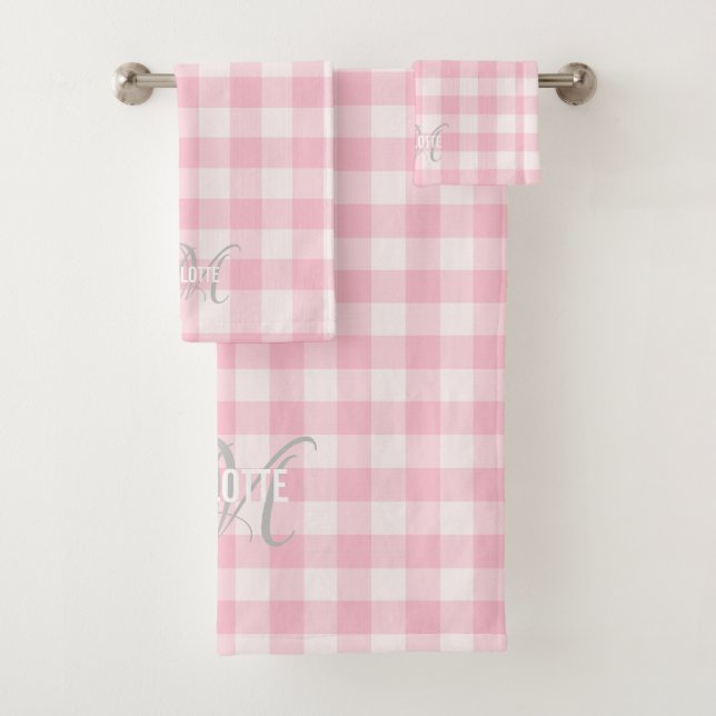 Chic pink white gingham monogram name bath towel set (Insitu)