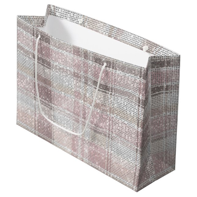 Chic Pink White Plaid Stripes Christmas Sparkle Large Gift Bag (Front Angled)