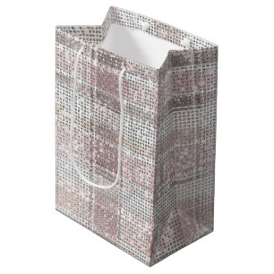 Chic Pink White Plaid Stripes Christmas Sparkle Medium Gift Bag
