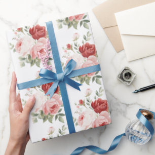 Chic Pink White Red Roses Floral Bridal Shower Wrapping Paper