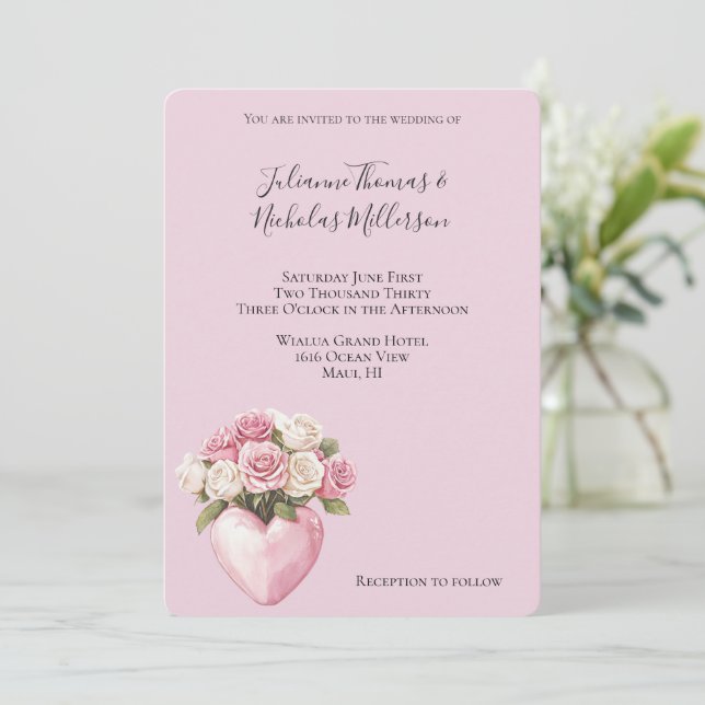 Chic Pink White Rose Floral Heart Wedding  Invitation (Standing Front)