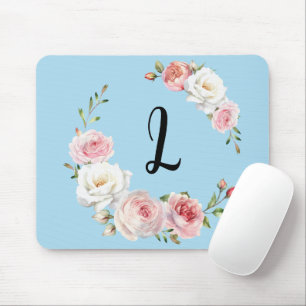 Chic Pink White Roses Initial Script Baby Blue Mouse Pad