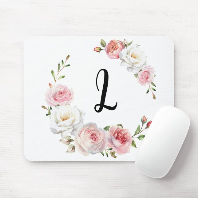 Chic Pink & White Roses Initial Script Mouse Pad (With Mouse)