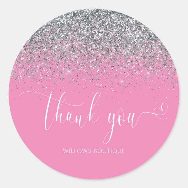 Chic Pink White Silver Glitter Thank You Classic Round Sticker (Front)