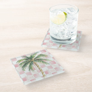 Chic Pink White Squares Gold Palm Tree  Glass Coaster