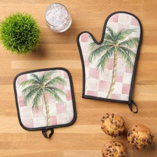 Chic Pink White Squares Gold Palm Tree  Oven Mitt & Pot Holder Set