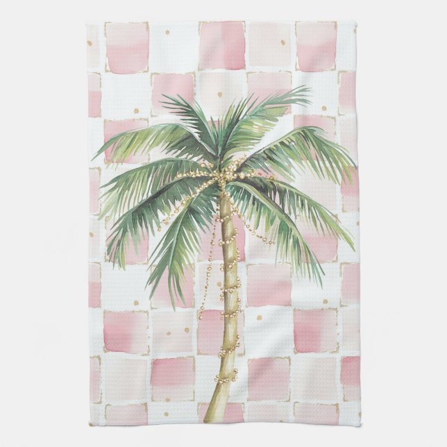 Chic Pink White Squares Gold Palm Tree  Tea Towel (Vertical)