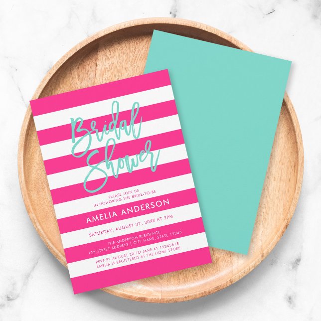 Chic Pink & White Stripes Turquoise Bridal Shower Invitation (Creator Uploaded)