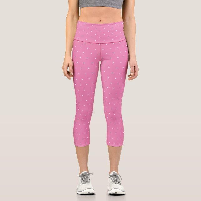 Chic pink white tiny polka dots pattern cute capri leggings (Front)