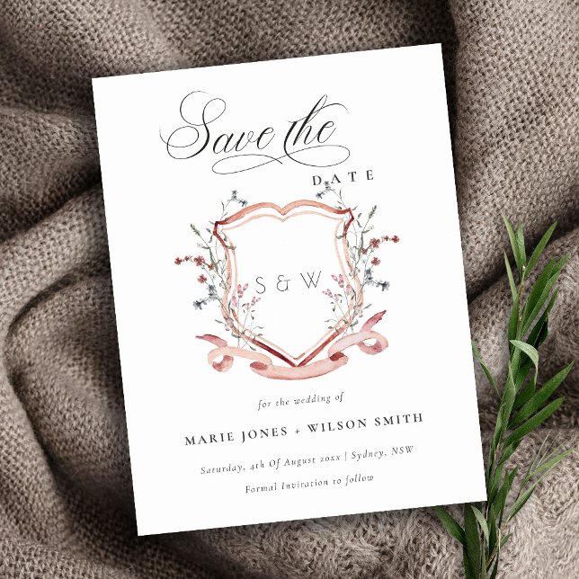 Chic Pink Wildflower Monogram Crest Save The Date Announcement Postcard (Creator Uploaded)