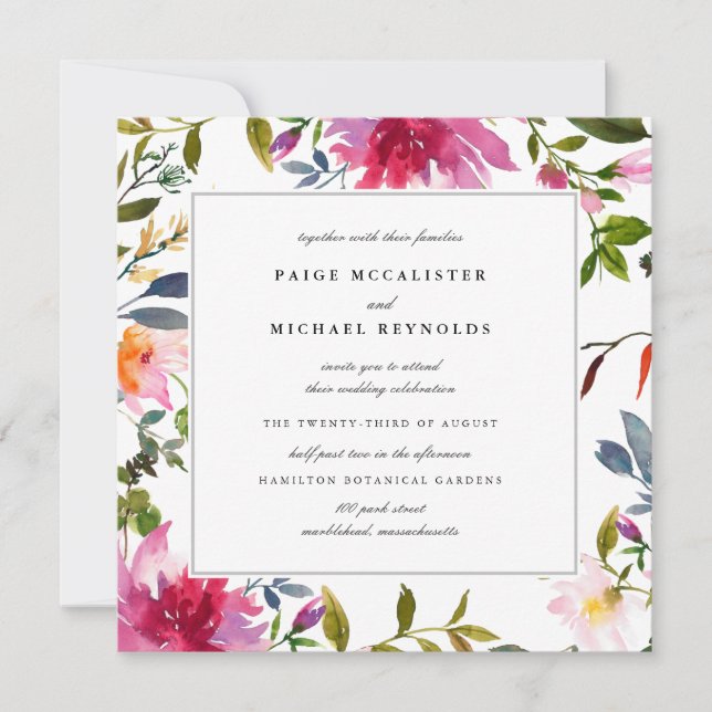 Chic Pink Wildflower Square Wedding Invitation (Front)