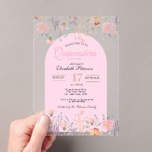 Chic Pink Wildflowers Your Photo Quinceañera  Acrylic Invitations