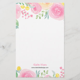 Chic pink yellow loose floral watercolor flowers stationery
