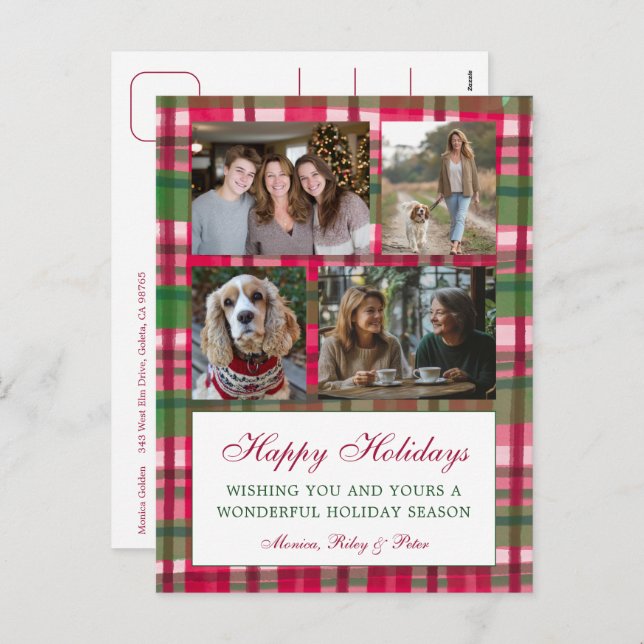 Chic Plaid Christmas Custom 4 Photo Collage  Holiday Postcard (Front/Back)