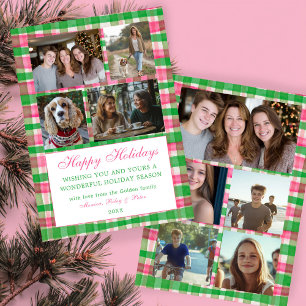 Chic Plaid Christmas Custom 9 Photo Collage Pink  Holiday Card