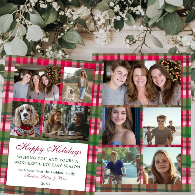 Chic Plaid Christmas Custom 9 Photo Collage Preppy Holiday Card (Chic Handmade Watercolor Plaid Pattern Christmas Custom 9 Photo Collage Preppy Holiday Card
)