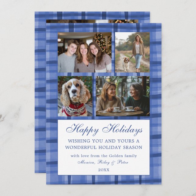 Chic Plaid HANUKKAH Custom 9 Photo Collage Blue Holiday Card (Front/Back)