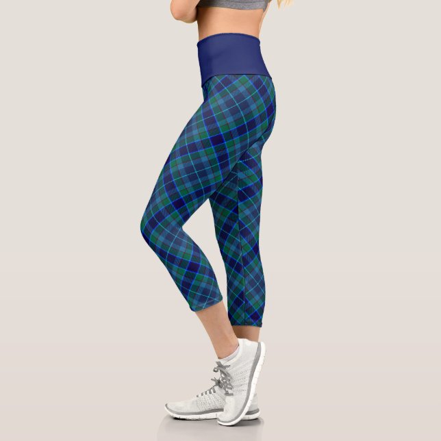 Chic Plaid Pattern - Navy and Green Elegant Tartan Capri Leggings (Left)