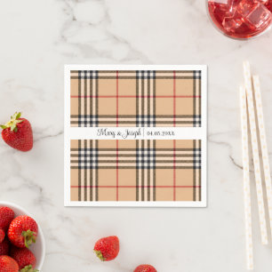 Chic Plaid Warm Tan Base White Black Brown Tartan Napkin