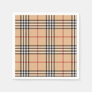 Chic Plaid Warm Tan Base White Black Brown Tartan Napkin