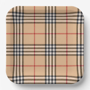 Chic Plaid Warm Tan Base White Black Brown Tartan Paper Plate