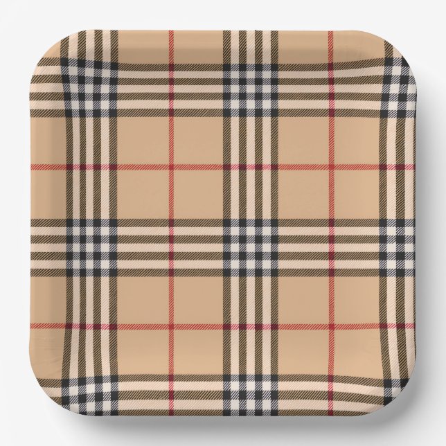 Chic Plaid Warm Tan Base White Black Brown Tartan Paper Plate (Front)