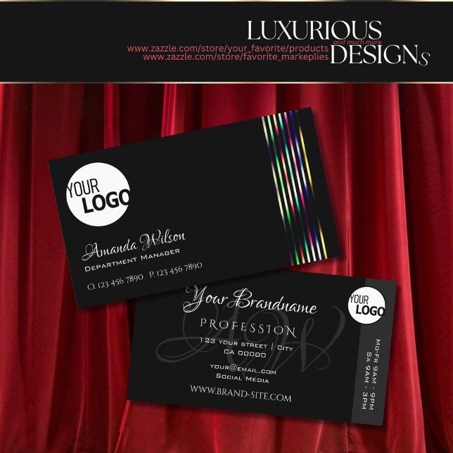 Chic Plain Black Colourful Decor Stripes add Logo Business Card (Creator Uploaded)