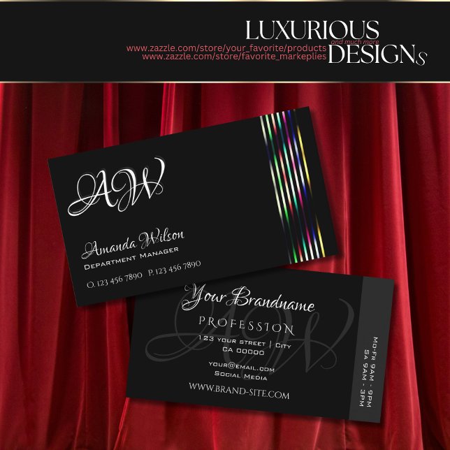 Chic Plain Black Colourful Decor Stripes Monogram Business Card (Creator Uploaded)