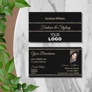 Chic Plain Black Golden Stripes with Logo & Photo Business Card