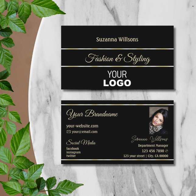 Chic Plain Black Golden Stripes with Logo & Photo Business Card (Creator Uploaded)