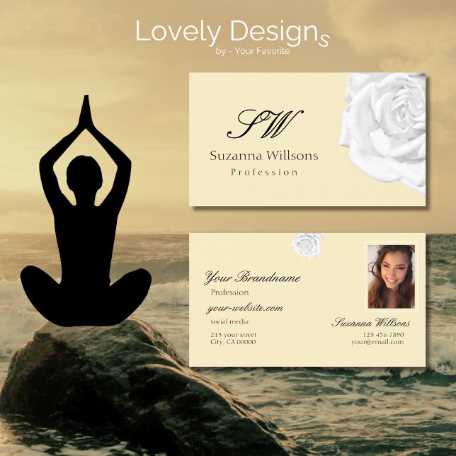Chic Plain Peach Beige White Rose Initials Photo Business Card (Creator Uploaded)