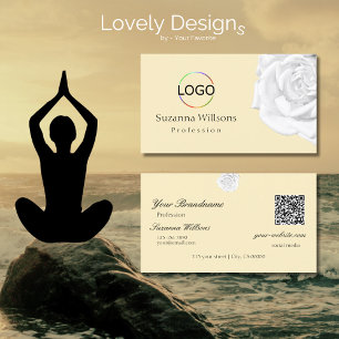 Chic Plain Peach Beige White Rose Logo and QR Code Business Card