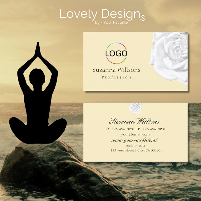 Chic Plain Peach Beige White Rose with Logo Simple Business Card (Creator Uploaded)