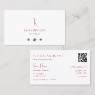 Chic Plain White with Monogram QRCode and Diamonds Business Card