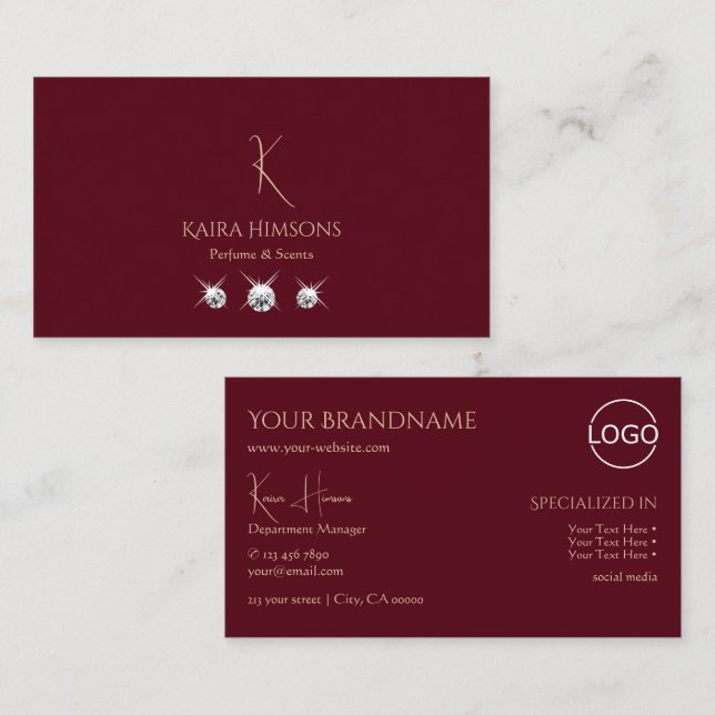 Chic Plain Wine Red with Monogram Logo and Jewels Business Card (Front/Back)