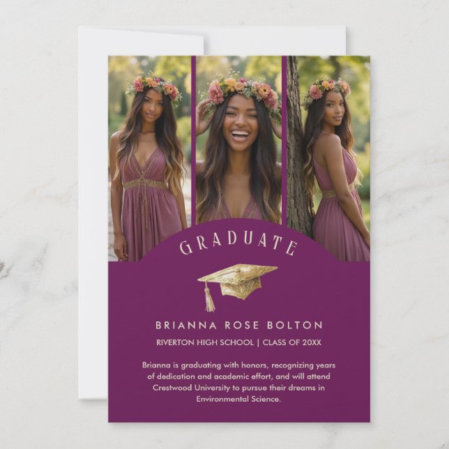 Chic Plum Graduate Collage 3-Photo Graduation Cap (Front)