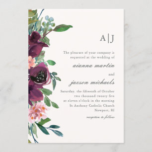 Chic Plum Watercolor Floral on Peach Blush Wedding Invitation