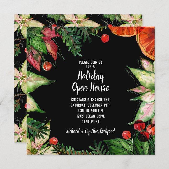 Chic Poinsettia and Oranges Christmas Invites (Front/Back)