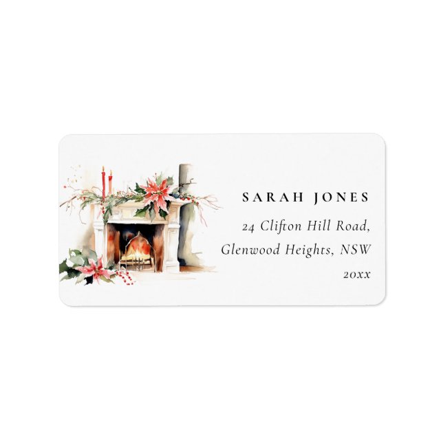 Chic Poinsettia Fireplace Warm Christmas Address Label (Front)