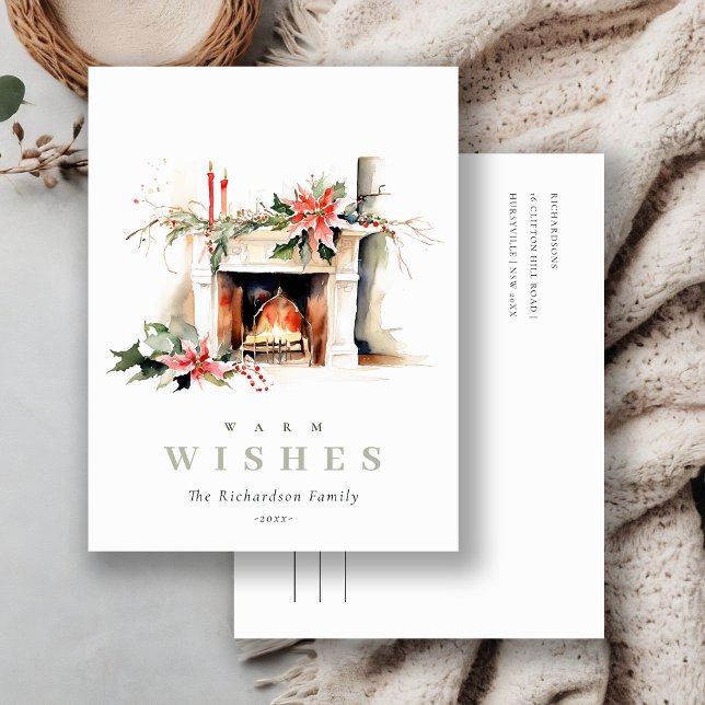 Chic Poinsettia Fireplace Warm Christmas Wishes Holiday Postcard (Creator Uploaded)