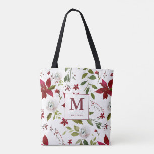 Chic Poinsettia Floral Monogram with First Name Tote Bag