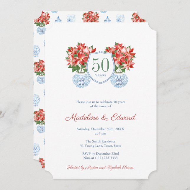 Chic Poinsettia Holidays Wedding Anniversary Party Invitation (Front/Back)