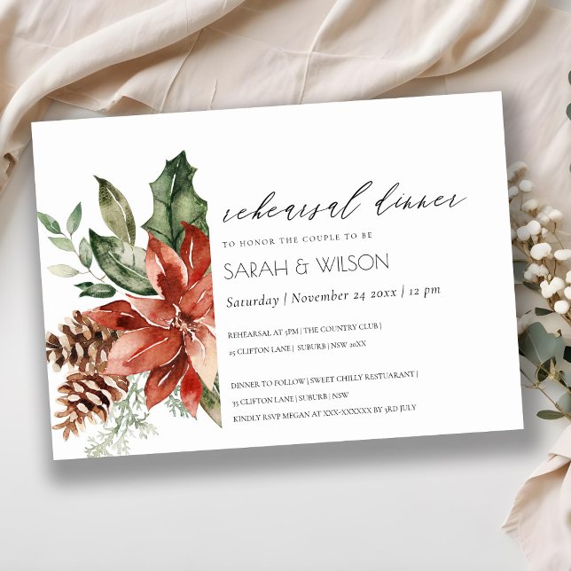 Chic Poinsettia Pine Cone Rehearsal Dinner Invite (Creator Uploaded)